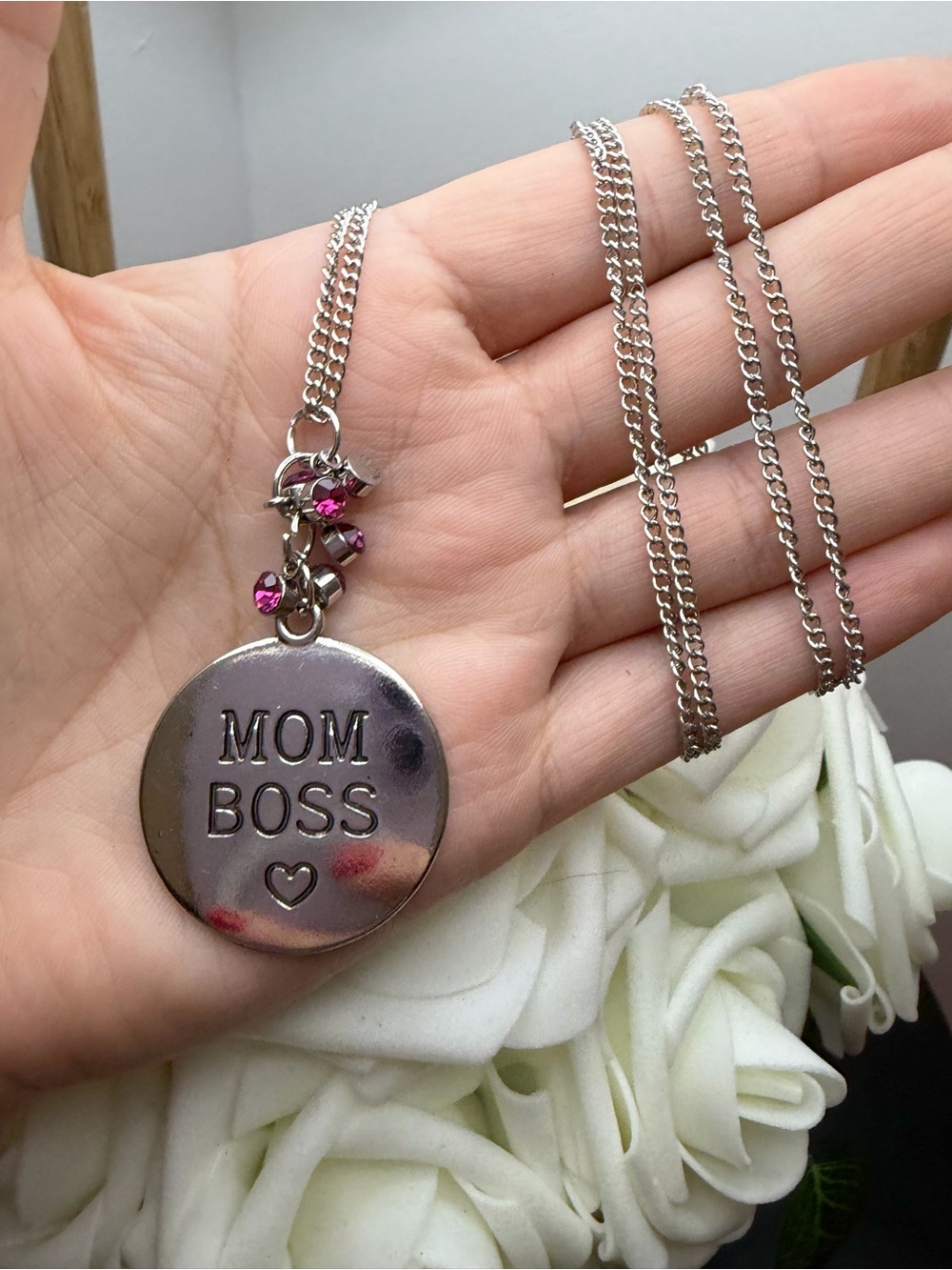 Mom Boss Silver tone  Pendant Necklace with Pink Crystal Accents